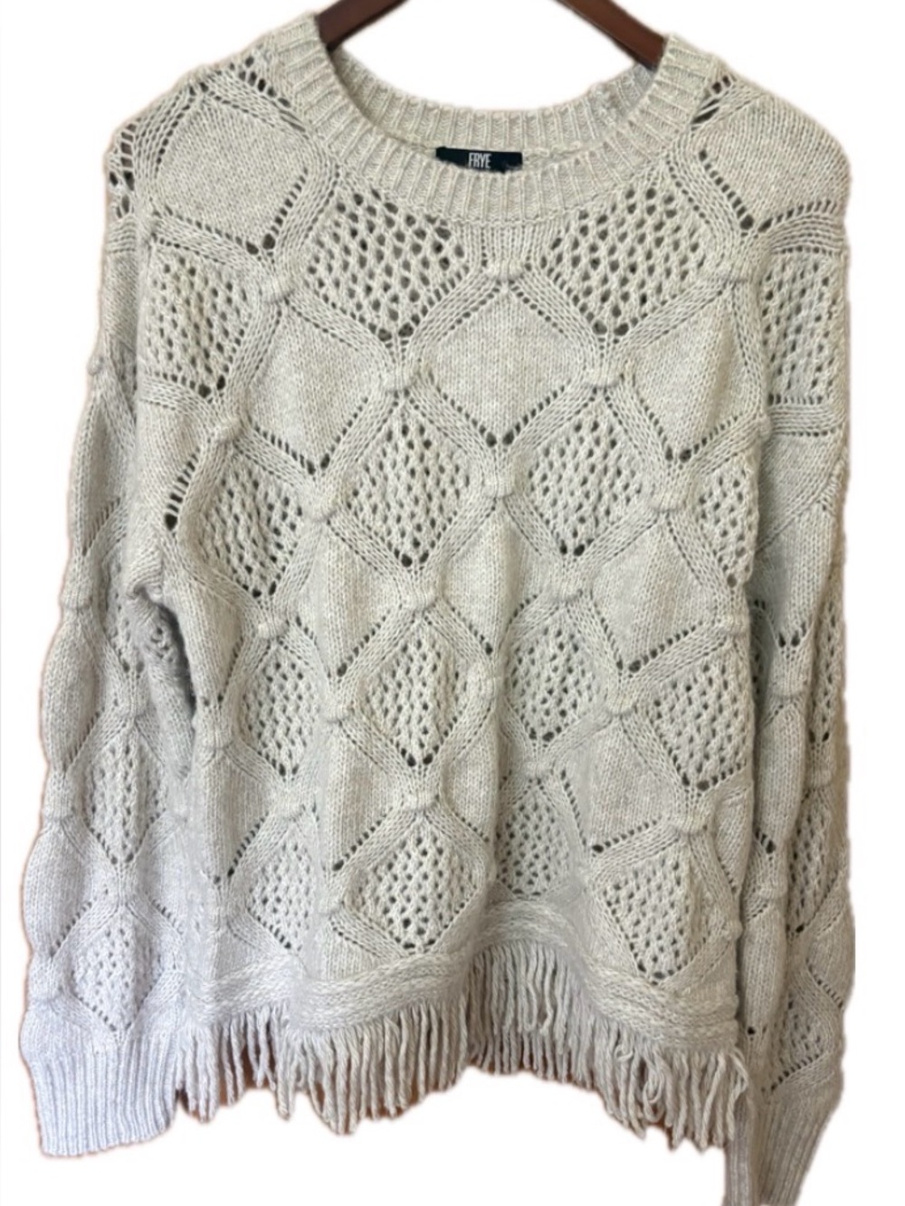 Frye Cream Pointelle Fringe Oversized Boho Sweater M NWOT